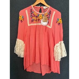 New Umgee Coral Pink Floral Embroidered Wide Lace Cuff Boho‎ Tunic Top Small